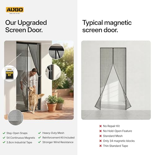Image of AUGO Magnetic Screen Door - Self Sealing, Heavy Duty, Hands Free Mesh Partition Keeps Bugs Out - Pet and Kid Friendly - Patent Pending Keep Open Feature - 38 Inch x 97 Inch