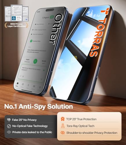 Image of TORRAS GlassGo Privacy Original for iPhone 17 Pro Max Privacy Screen Protector [25 Anti-Spy] [12Ft Shatterproof] 9H+ Aerospace for iPhone 17 Pro Max Tempered Glass Full Coverage 6.9 inch 2-Pack