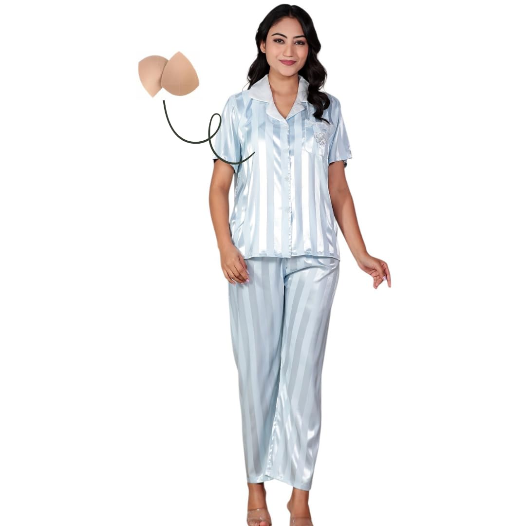 nohook Korean Style Chest Padded Nightsuit for Women – Mint Blue & White Striped Modal Silk Pajama Set with Inbuilt Pads, Short Sleeve Shirt & Full Length Pyjama-picture-42