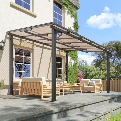 Image of 10x12FT Lean to Gazebo, Hardtop Metal Pergola with Polycarbonate Roof, Large Wall Mounted Heavy Duty Awnings, Patio Canopy for Backyard, Deck, Porch