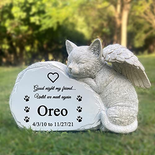 LAGGATTS Personalized Pet Cat Memorial Stone with A Sleeping Cat Angel Statue, Cat Grave Markers Headstone Tombstone for Outdoor Garden, One Size, Full Color