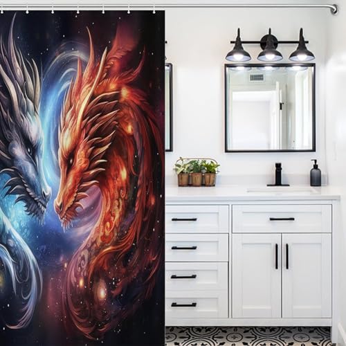 Rideau de douche dragon anti-éclaboussures en tissu polyester lavable avec crochets inclus