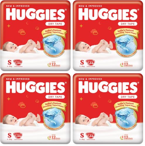 Image of Huggies Dry Tape | Adjustable Tape Style Baby Diapers, Small (S) Size (4-8 Kgs), Pack of 136 | Up To 2X Faster Absorption, Up To 12 Hours Overnight Absorption