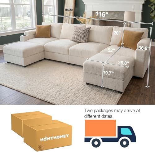 Image of Sectional Couches for Living Room FSC Certified Velvet Modular Couch Oversized Cloud U Shaped Convertible Sleeper Sofa Chaise Detachable Armrest Cushion (Chenille Beige, U Shape 6 Seat)