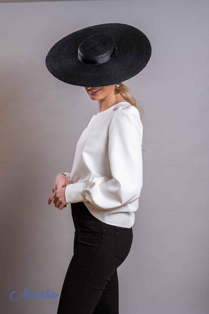 Masario Pamela Tocado de Paja Trenzada Modelo París. Color Natural. 43 cm de diámetro Aprox. 1 ud. (Negro, El diámetro Total es de 43 cm Aprox.)