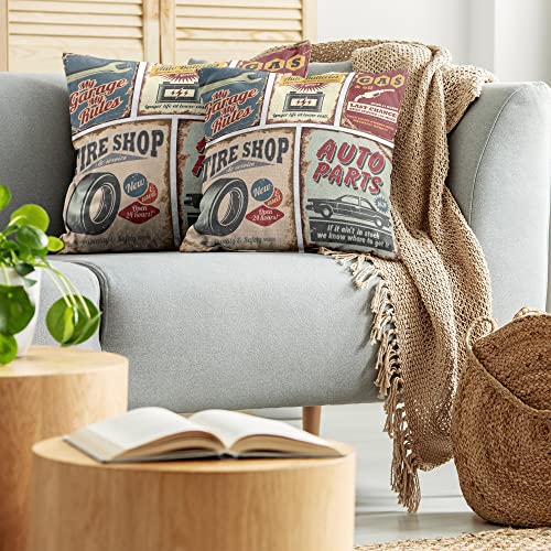 Lunarable 1950S Decorative Throw Pillow Case Pack Of 2, Vintage Car Signs Automobile Advertising Repair Vehicle Garage Classics Servicing, Couch Bedroom Living Room Cushion Cover, 24", Burgundy #TOP4