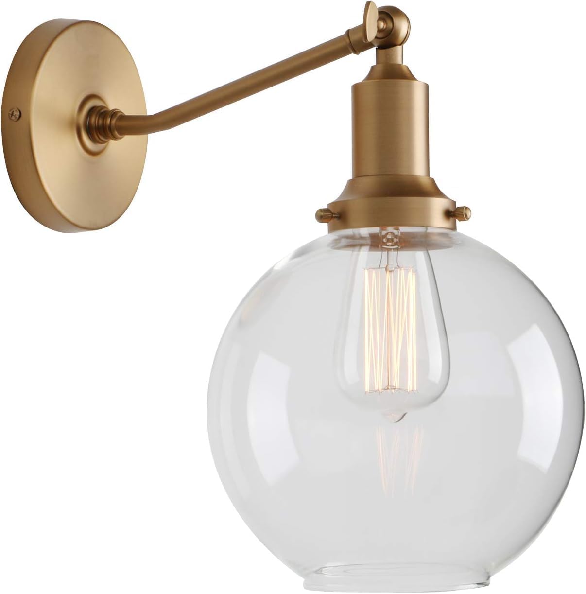 PERMO Vintage Sconce Slope Pole Wall Mount Single Sconces with Large 7.9" Globe Round Clear Glass Shade Wall Light Fixture for Living Room Bedroom Bathroom(Antique Gold)