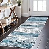 KOZYFLY Modern Abstract Hallway Runner Rug, 2x6 Washable Rug Runner Non-Slip Soft Striped Kitchen Runner Rugs, Print Distressed Blue Carpet Runner for Entryway Bathroom Laundry Room Foyer