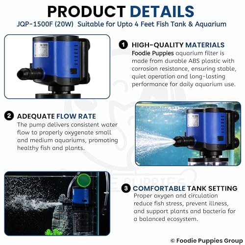 Image of Foodie Puppies Aquarium Internal Sponge Filter Pump (JQF-1500F /20W) for Fish Tanks | ABS Plastic Submersible Silent Aquarium Filter with Efficient Water Filtration, Low Noise Design for Freshwater