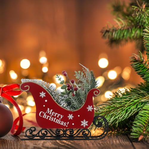 Traîneau de Noël en métal forgé rouge robuste pour centre de table festif