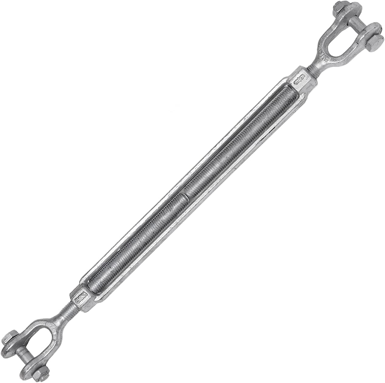 Indusco 93900296 Hot Dipped Drop Forged Galvanized Steel Jaw and Jaw Turnbuckle, 3500 lbs Working Load Limit, 5/8" Threaded Diameter x 12" Take Up, 21-1/2" Length