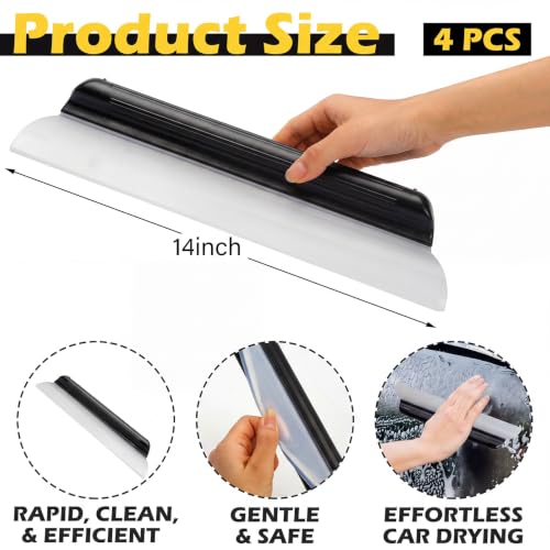 Image of 2 Pack 14 Inch Car Drying Squeegee Black Silicone Window Blade | Flexible Silicone for Drying Windshield Shower Glass, Bathroom Window Cleaner, T-bar Design, Long Handle Wash Tool