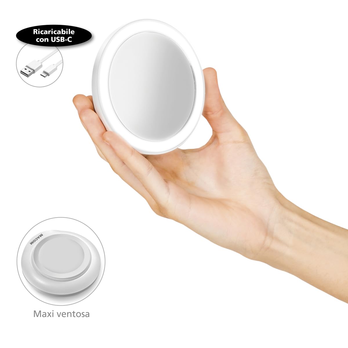 MACOM Mini Specchio da Trucco con ventosa, Ingrandente 7X con luce LED e ricarica USB, Sensation 234 Mini Solar