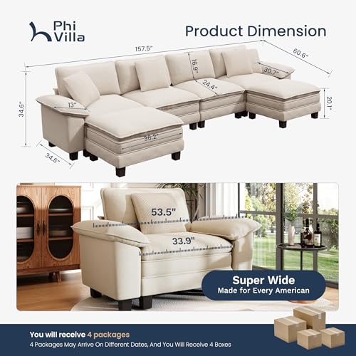 Image of PHI VILLA Cloud Modular Couch Sets, 157.5 inch Oversized Sectional Sofa with U-Shaped Chaise, 6-Seater Couches with Movable Ottomans for Living Room, Chenille Beige