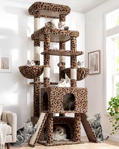 Globlazer Heavy Duty Cat Tree 78 inch Sturdy Cat Tower for 20lbs Large Adult Cats Symmetrical Aesthetic Big Cat Tree with Extra Large Platform 2 Scratching Boards Z78 Leopard Print