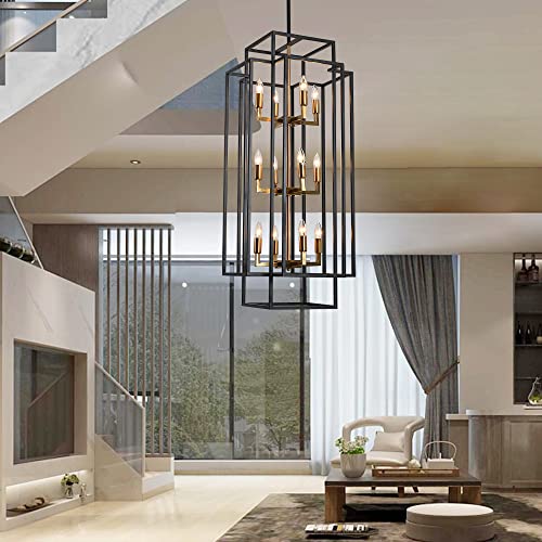 J And E Home 12-Light Lantern Tiered Pendant Light Fixtures,Island Light,Hall Foyer Hanging Chandelier,Wrought Iron Finish For Kitchen Island Farmhouse Entryway, Black+Antique Brass #TOP5