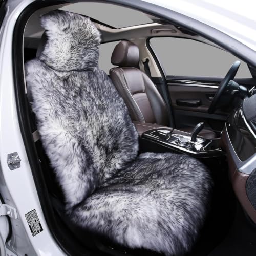 Image of AOGELAN Fluffy Sheepskin Car Seat Covers Fuzzy Long Wool Front Wolf Tipped