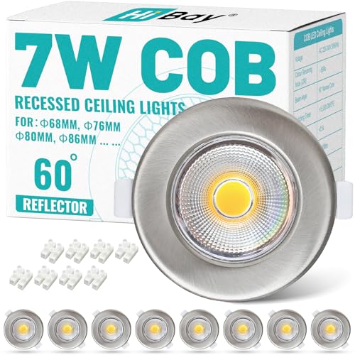 HiBay 8X Ultra Slim COB Downlight 7W Brushed Chrome Spot Lights Cool White Round LED Downlights for Kitchen, Living Room, Cutout Ø65-88mm, 240V 600LM