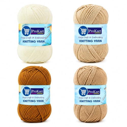 Image of ProKart - 4 Ply Plush & Cuddly for Knitting & Crochet | Pastel Yarn for Baby Toys & DIY Crafts | 100g, Pack of 4 (Cream /Off-White, Sand, Peanut, Sand Brown)