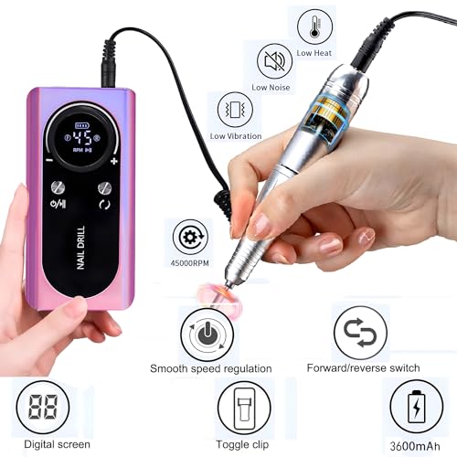 FLRONGSUN Perceuse à ongles électrique 45 000 tr/min, lime à ongles portable rechargeable, kit de perceuse à ongles électrique à faire soi-même avec écran LCD intelligent pour manucure et pédicure, – vue 2