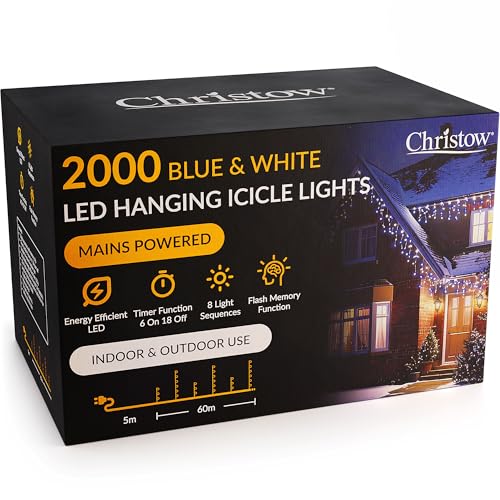 CHRISTOW Hanging Icicle Christmas Lights, 2000 Blue & White LED, 60m Lit Length, Indoor & Outdoor, Mains Powered with Timer, 8 Flash Lighting Modes with Memory, Fairy String Light Xmas Decorations