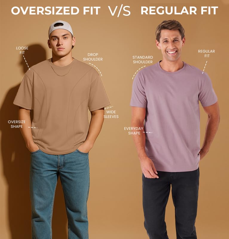 Image of Sleepynuts Men 220 GSM 100% Pure Cotton Oversized Baggy Fit Drop Shoulder Round Neck T-Shirt Pack of 2 (Toffee Brown, Smoky Grey-L)
