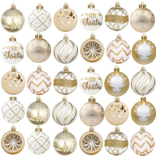 30 adornos de árbol de Navidad blancos y dorados de 6 cm, adornos de plástico para árbol de Navidad con colgador para guirnalda de Navidad, decoración de árbol de corona