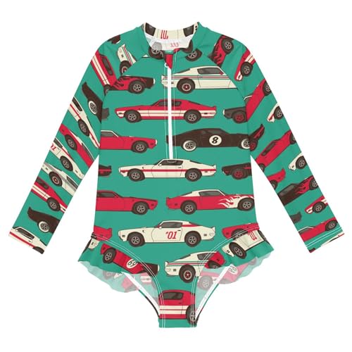 Ollabaky Baby Girls Long Sleeve Swimsuit Classic Racing Car One Piece Bathing Suit Rash Guard UPF50+ Toddler Girl Swimwear, 3T Multi