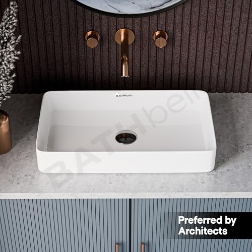 Image of Table Top Ceramic Wash Basin For Bathroom | Rectangular Counter Top Bathroom Sink, Premium Glossy White Above Counter Vanity Basin, Modern Design (24 x 14 x 5 Inch)