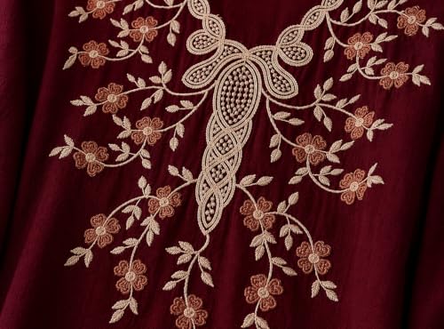 Image of RIEKA Womens Embroidered Korean Style Tunic Top, Floral Thread Work | V Neck | Puff Sleeves | Relaxed Fit Casual | Fusion Rayon Top for Every Day Styling
