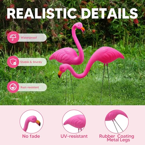 Image of JOYIN Set of 6 Small Pink Flamingo Yard Ornament Stakes, 17 inch Plastic Flamingo Lawn Statues with Metal Legs for Sidewalks, Outdoor Garden Decor, Luau & Pool Party Decorations, 2 Styles