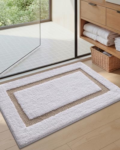 Image of Color&Geometry Mini White Bathroom Rugs 24x16, Extra Soft Absorbent Microfiber Bath Rug, Non-Slip Bathroom mat, Washable Plush Bath Mats for Bathroom, Shower, Bathtub, Laundry, Small, White Khaki