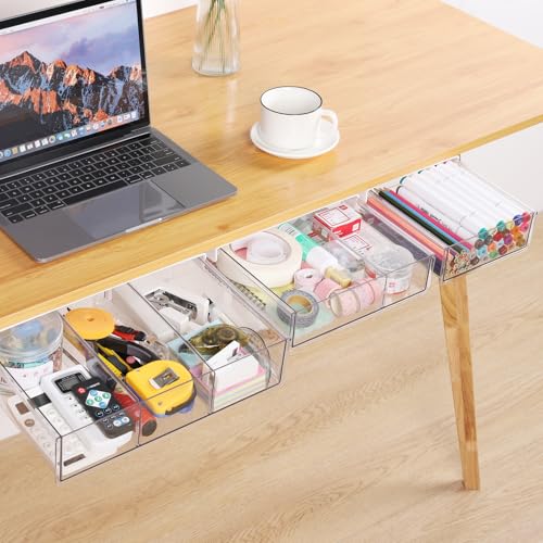 Image of OTraki Under Desk Table Drawer Storage Organizer 3 Pack Large & Medium & Small Under Desk Storage Drawers Slide Out Self-Adhesive Amount Drawer Attach for Office, Home, School (S/M/L)