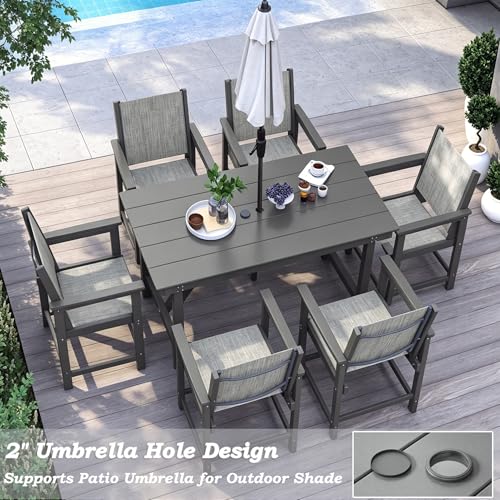 Image of 7 Piece HDPE Patio Dining Set, All-Weather Outdoor Table and Chair Sets with Umbrella Hole Outdoor Dining Table Sets of 6 Textilene Fabric Patio Chairs for Backyard, Poolside, Garden, Deck(Gray)