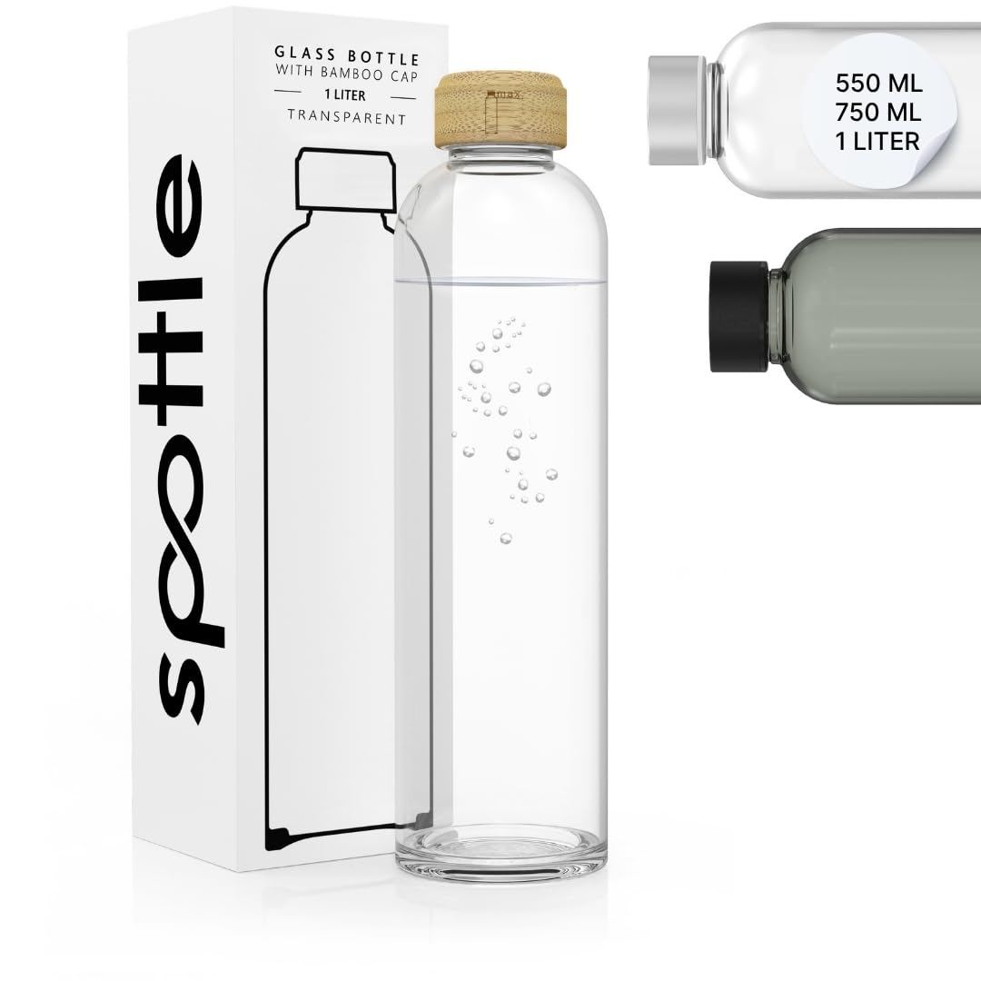 spottle Trinkflasche Glas - Glasflasche in 500 ml - 750 ml - 1 L - Glas Wasserflasche für Kohlensäure geeignet - spülmaschinenfest & auslaufsicher (Transparent/Deckel aus Bambus, 750ml)