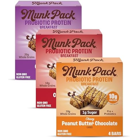 Munk Pack Probiotic Protein Breakfast Bars, Variety Pack - Gluten Free Snacks with Essential Prebiotics - 10g Plant Protein, 1g Sugar - Diabetic Friendly & Non GMO - 12 Count Cover