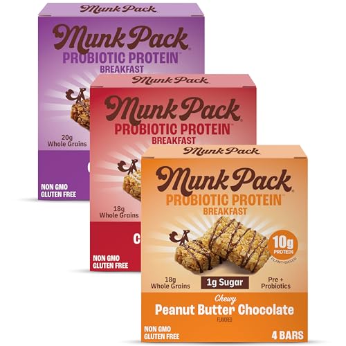 Munk Pack Variety Pack Probiotic Protein Bars | 10g Plant Protein 1g Sugar 6g Fiber |Diabetic-Friendly Ideal Breakfast Bars - On-the-Go Snacks Gluten-Free Non-GMO | 12 Count
