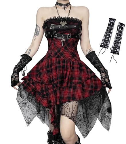 [QOOLYㅤ] ゴシックパンク ミニドレス ジャンパースカート バックル 地雷系 手袋 パーティー レッドB S（Amazon）