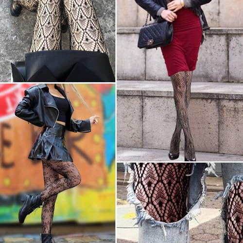 Buauty 3 Pcs Lace Patterned Fishnet Tights for Women Black Fishnets Leggings Lace Tights3