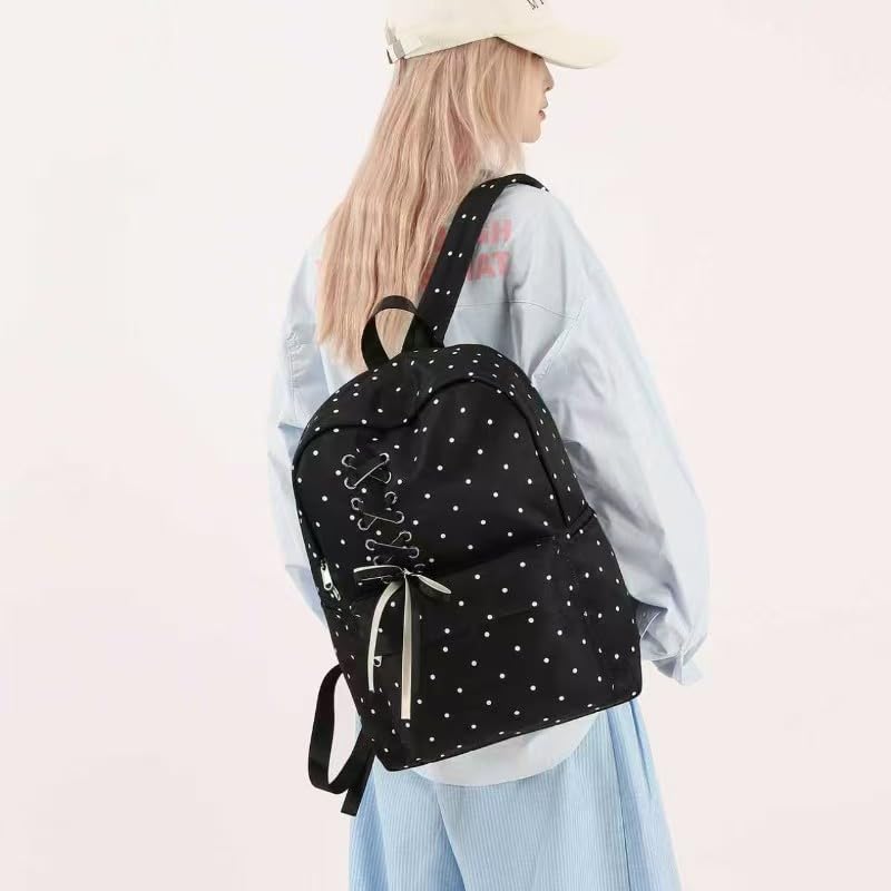 Women Casual Bag Polka Dot Print Versatile Travel Trip Backpack (Black)2