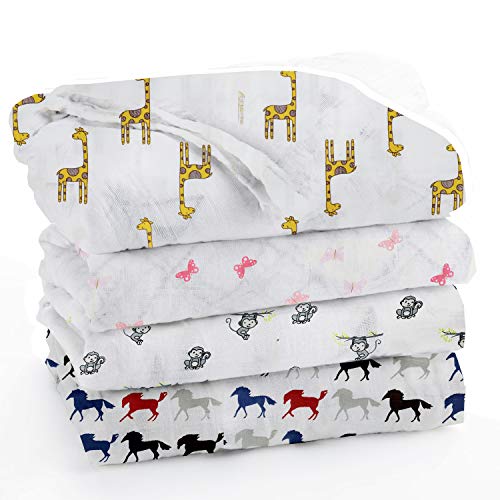 Image of blanket for new born boy in winter Pure Cotton Muslin Baby Swaddle Blanket, Swaddle for Newborn Baby Soft Cotton Receiving Wrapper Cloth, Stroller Cover-Pack of 4 with Size 120X100 CM -Animal Love