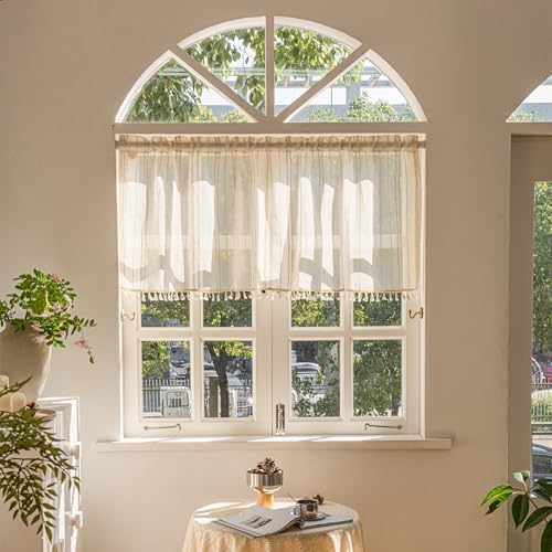 Deeprove Boho Textured Valance, Neutral Bohemian Farmhouse Chic Kitchen Closet Textured Burlap with Tassels, Bathroom Window Treatment Small Linen Stripe Curtain Wall Decor, 1 Panel 59" W x 18" L