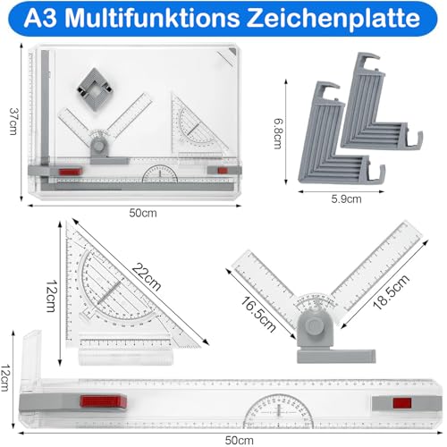 A3 Zeichenbrett, Geo-Board gz Platte, Multifunktionaler Zeichenplatte Din A3 Zeichenschiene mit Winkelmesser Papiersuchgerät Lineal Stützfuß für das Professionell Office Arbeiten Studenten (A3)