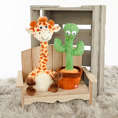 Idena 40362 - Plappertier Giraffe, ca. 32 cm, Plüschtier spricht alles in witziger Stimme nach und bewegt dabei den Hals, batteriebetrieben (Batterien nicht enthalten), Gelb-braun