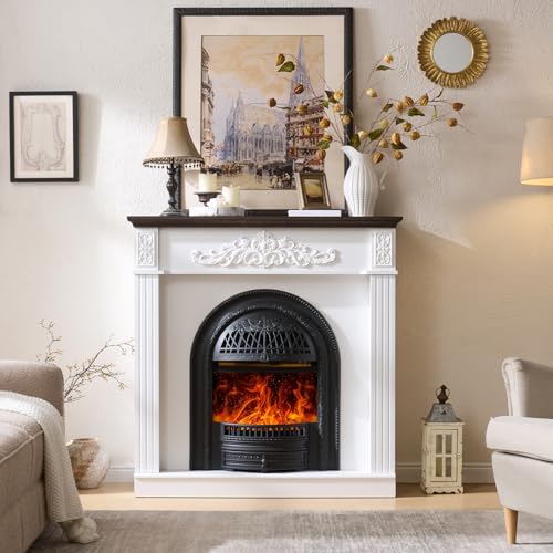 Image of 45 inch Electric Fireplace with Mantel,Farmhouse FreeStanding Electric Fireplace Heater Entertainment Center Wooden TV Stand,Stacked Stone Surround 30'' Fireplace Insert Heater for Living Room,Bedroom