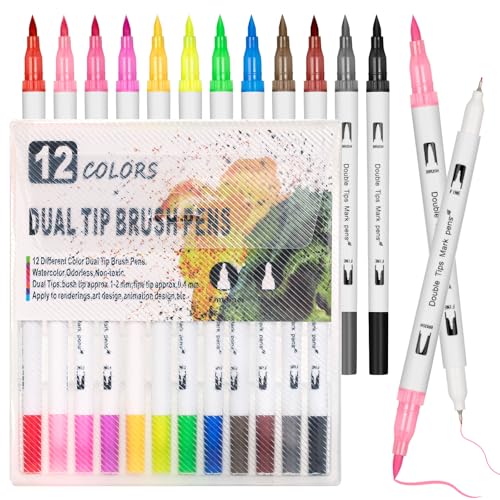 VINATO Dual Tip Marker, Brush Pen and Fine Tip Markers Set of 12 Coloured Pens for Artists, Beginners and Creative Hobbies