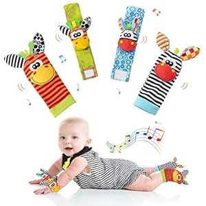 Sonajero Calcetines y Muñequeras para Bebé, Sonajeros de Pulseras y Pies Juguete Regalo Ideal con Lindo Animales Patrón Promover Sentido Desarrollo para Niño Niñas 0-12 Meses, 4PCS