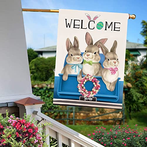 Lordwey Easter Garden Flags, Welcome Bunny Easter Spring Double Sided Flags, Seasonal Vertical 12X18 Inch Rabbit Burlap Flag, House Yard Outdoor Decor (Bunny C), Blue #TOP3