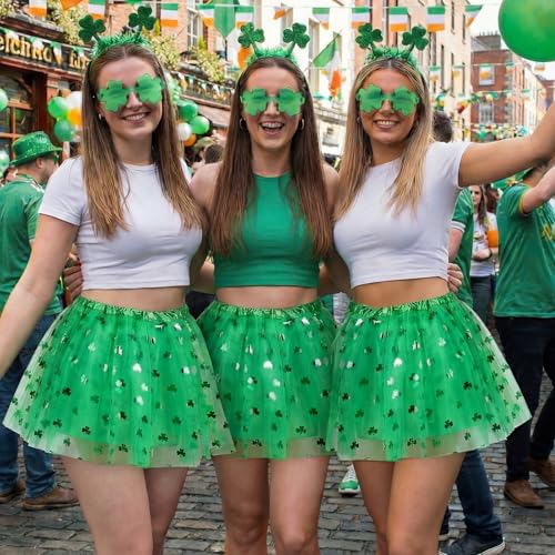 Mepase 12 Sets St. Patrick's Day Tutu Skirt with clover Shaped Sunglasses for Women Shamrock 3 Layered Tulle Ballet Tutus Set for St. Patrick's Day Running Party Costume by Mepase - Image 6