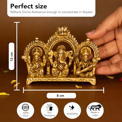 Image of Ekhasa 100% Pure Brass Laxmi Ganesh Saraswati Murti (Size: 8.0 cm) | Lord Ganpati Lakshmi Saraswati Maa Idol for Diwali Puja | God Idols for Pooja Room or Griha Pravesh Ceremony